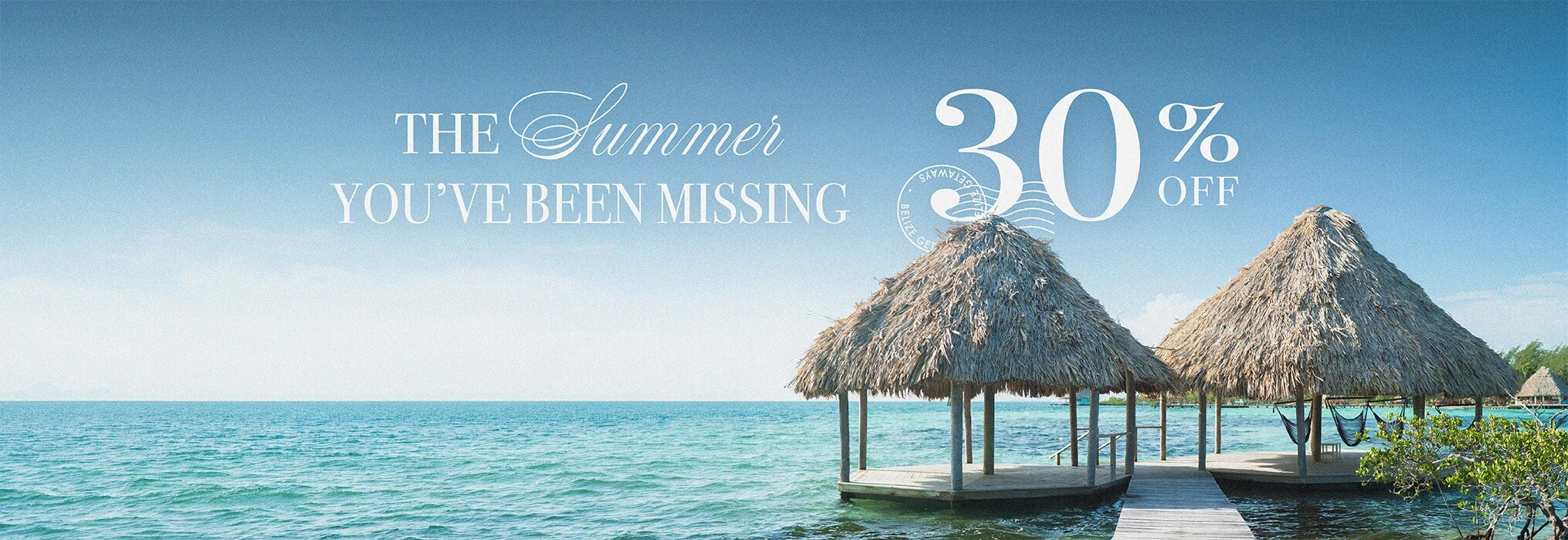 Beach scene with thatched huts on a wooden deck and a '30% Off' summer sale banner.